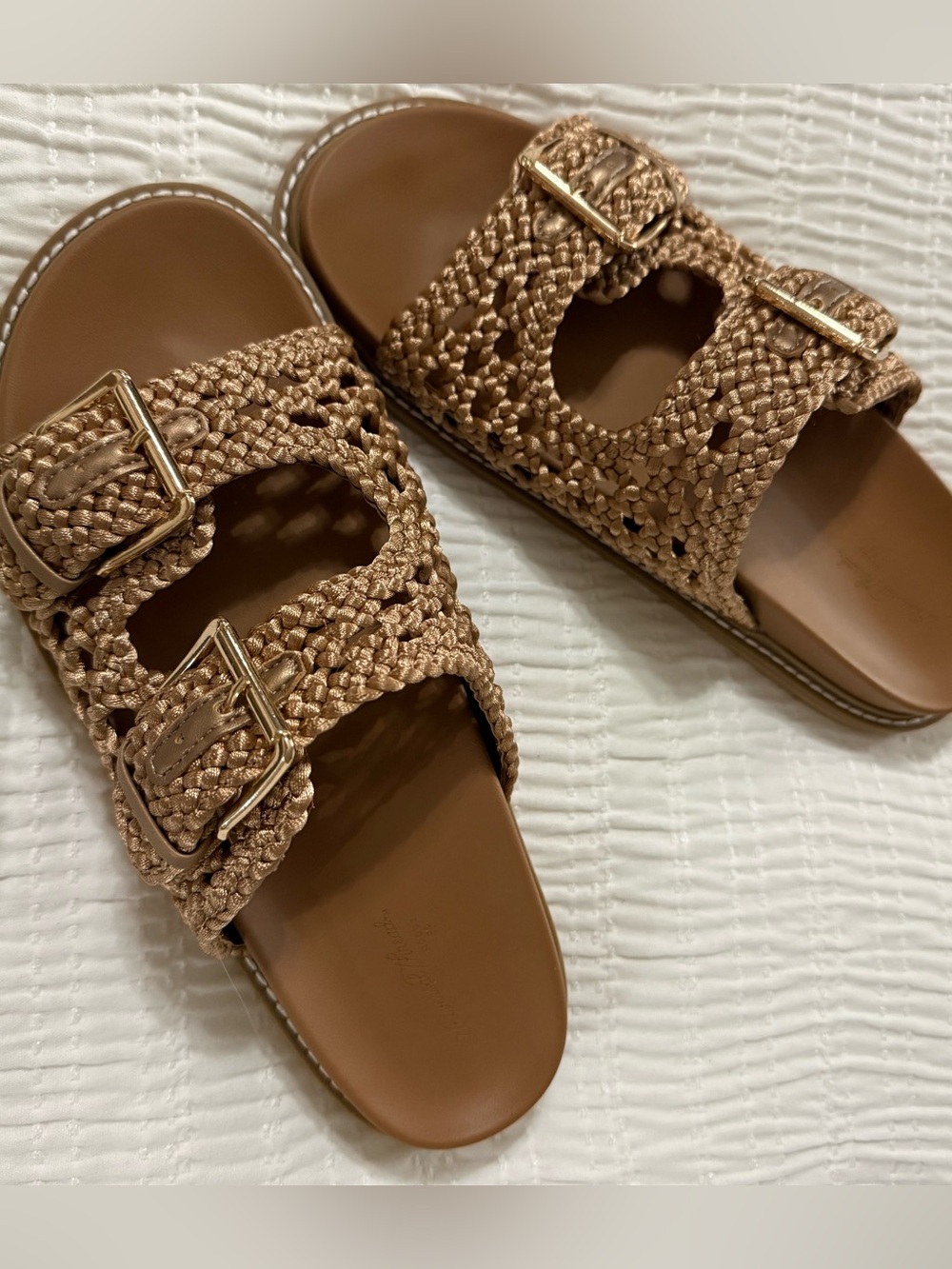 Braided Double-Buckle Slide Sandals in Metallic Tan - Picture 2 of 5